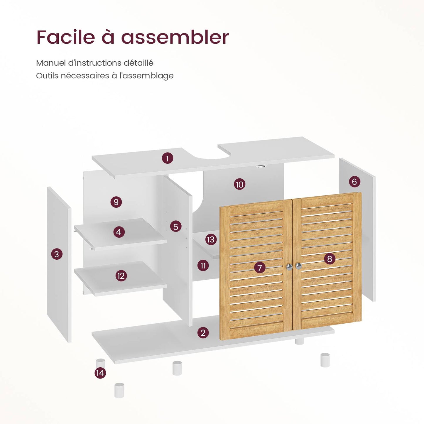 AOGLLATI Meuble sous-évier meuble vasque avec portes d'armoire en bambou étagères ouvertes et étagères réglables 30 x 90 x 60 cm