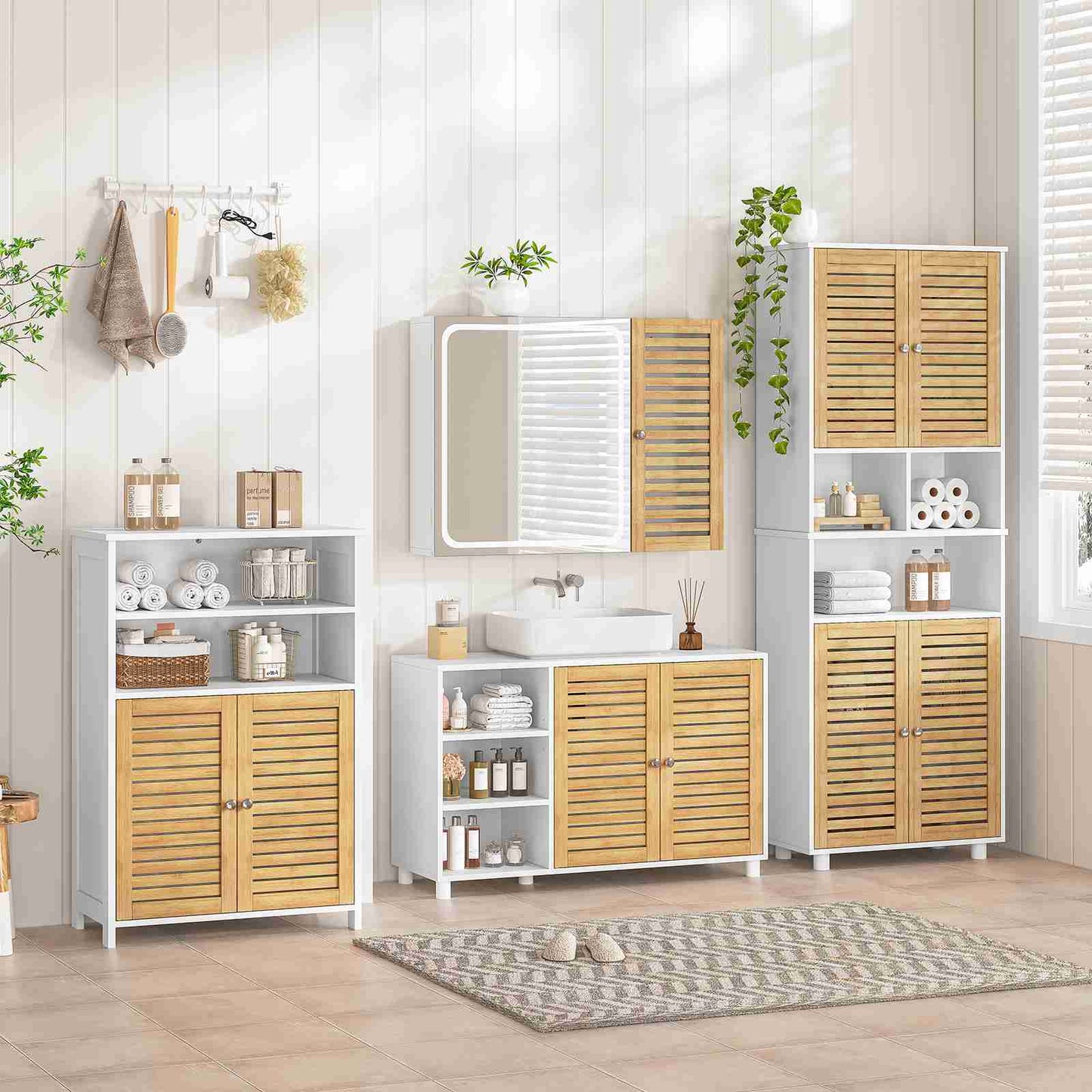 AOGLLATI Meuble sous-évier meuble vasque avec portes d'armoire en bambou étagères ouvertes et étagères réglables 30 x 90 x 60 cm