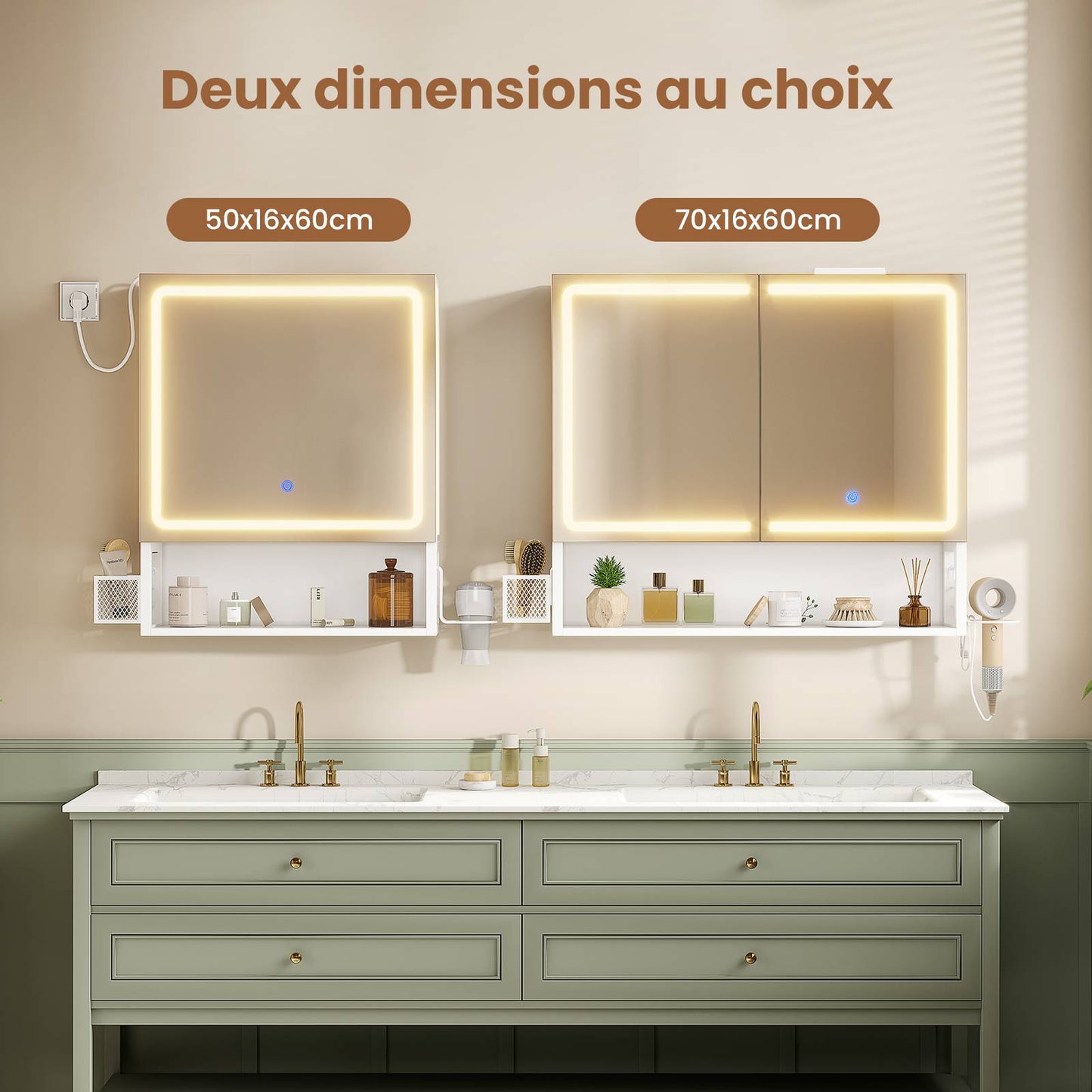 AOGLLATI Meuble vasque de salle de bain avec éclairage LED miroir HD étagères réglables 50 x 16 x 60 cm blanc  Classe énergétique F