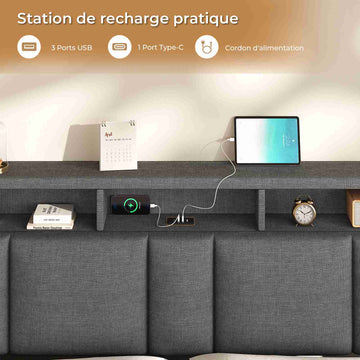 AOGLLATI Lit Coffre 160x200 CM  Lit Double avec LED et Ports USB Cadre de lit avec Tête de Lit capitonné et Rangement