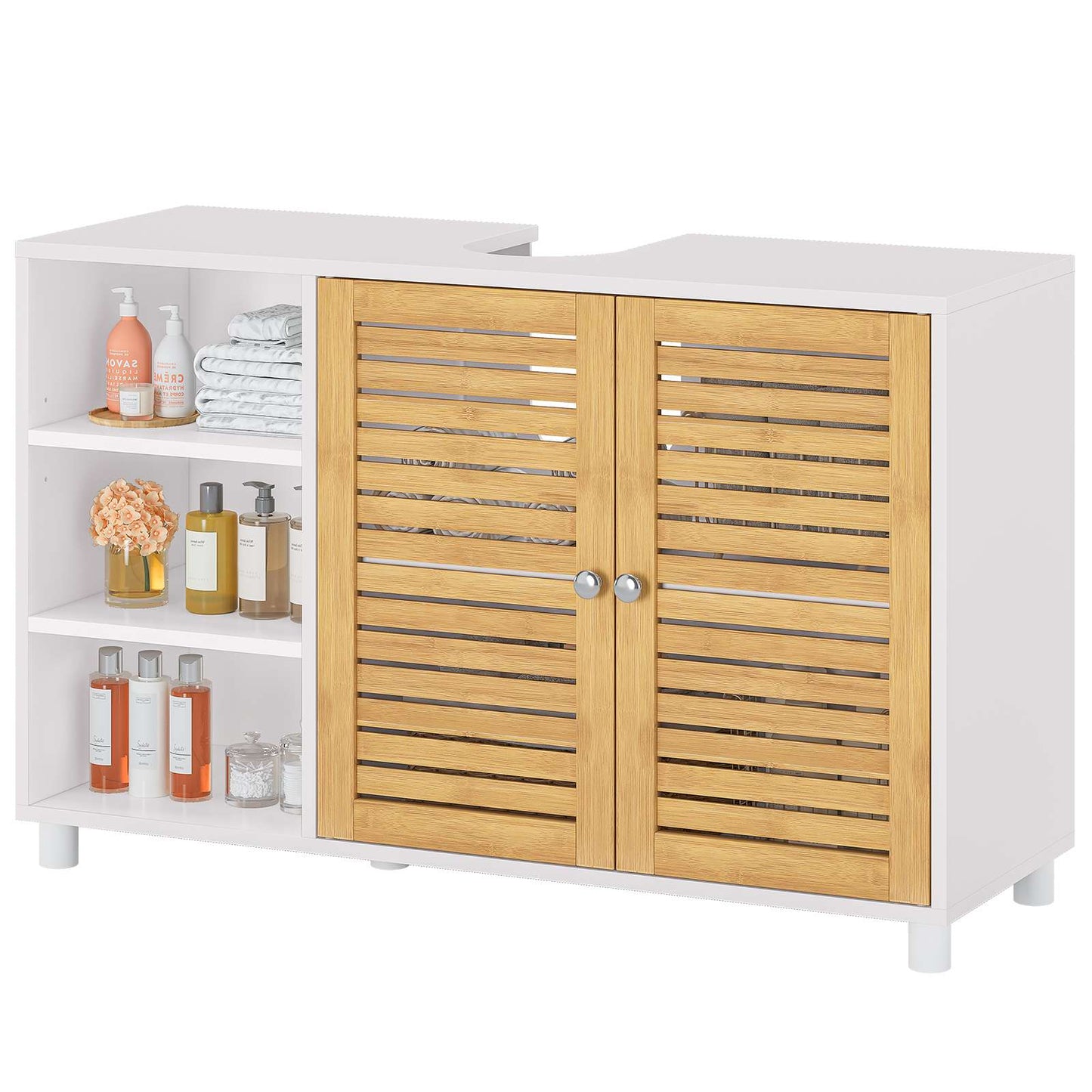 AOGLLATI Meuble sous-évier meuble vasque avec portes d'armoire en bambou étagères ouvertes et étagères réglables 30 x 90 x 60 cm