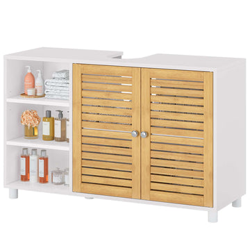 AOGLLATI Meuble sous-évier meuble vasque avec portes d'armoire en bambou étagères ouvertes et étagères réglables 30 x 90 x 60 cm