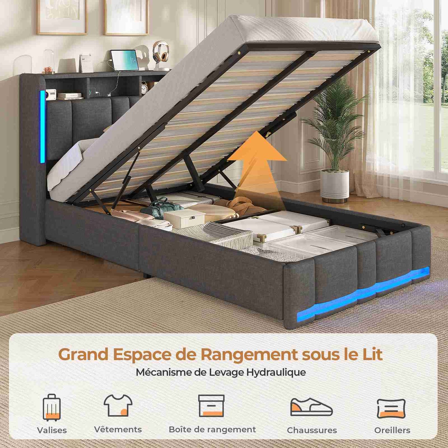 AOGLLATI Lit Coffre 90x200 CM  Lit  avec LED et Ports USB Cadre de lit avec Tête de Lit capitonné et Rangement