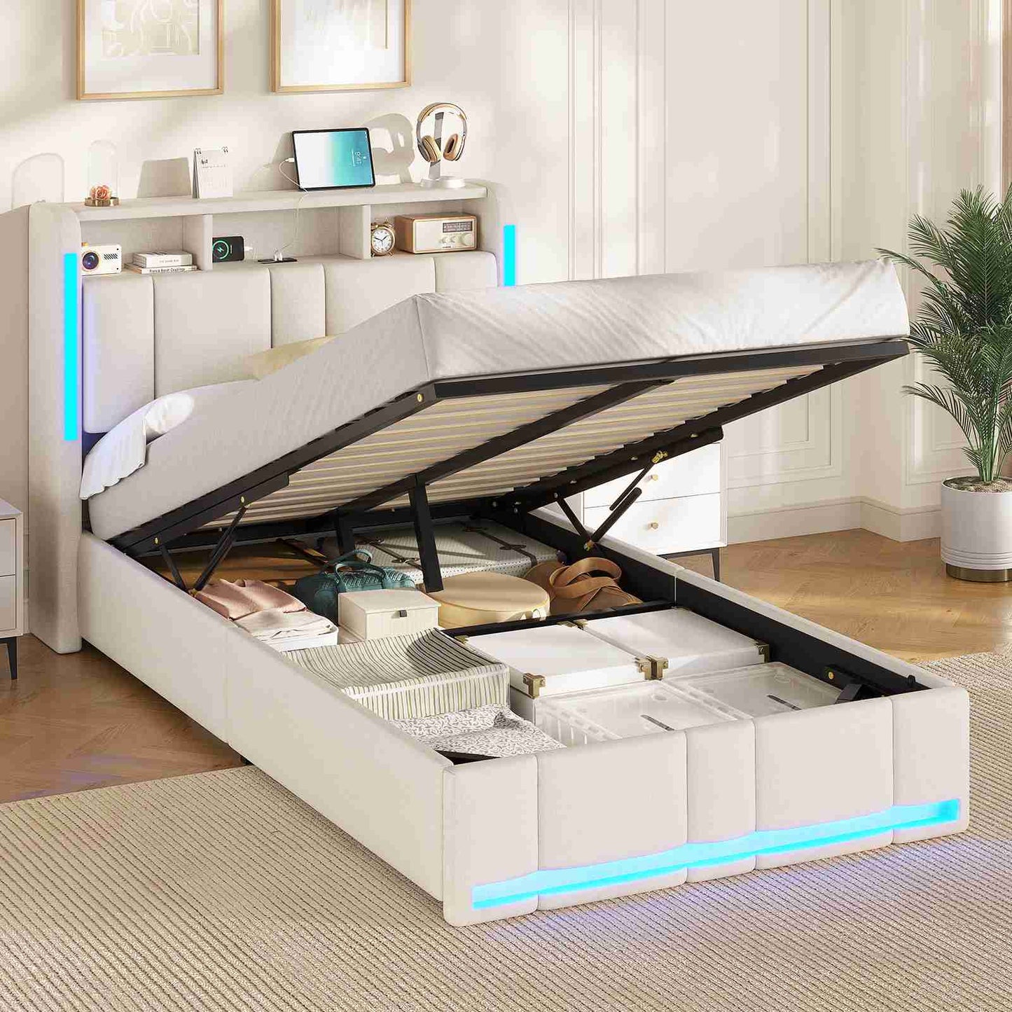 AOGLLATI Lit Coffre 90x200 CM  Lit  avec LED et Ports USB Cadre de lit avec Tête de Lit capitonné et Rangement