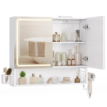AOGLLATI Meuble-lavabo avec éclairage LED et prise électrique  armoire de salle de bain avec miroir HD et étagères réglables mesurant 70 x 16 x 60 pouces