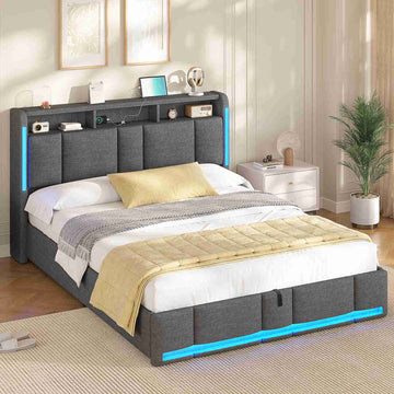 AOGLLATI Lit Coffre 160x200 CM  Lit Double avec LED et Ports USB Cadre de lit avec Tête de Lit capitonné et Rangement