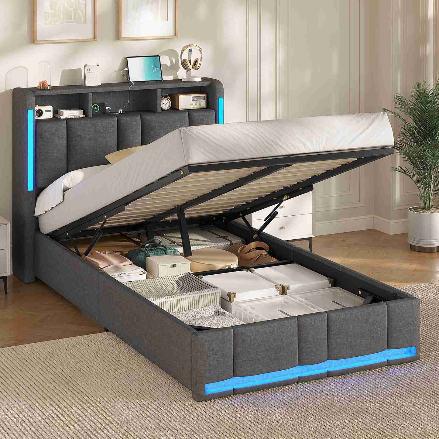 AOGLLATI Lit Coffre 90x200 CM  Lit  avec LED et Ports USB Cadre de lit avec Tête de Lit capitonné et Rangement