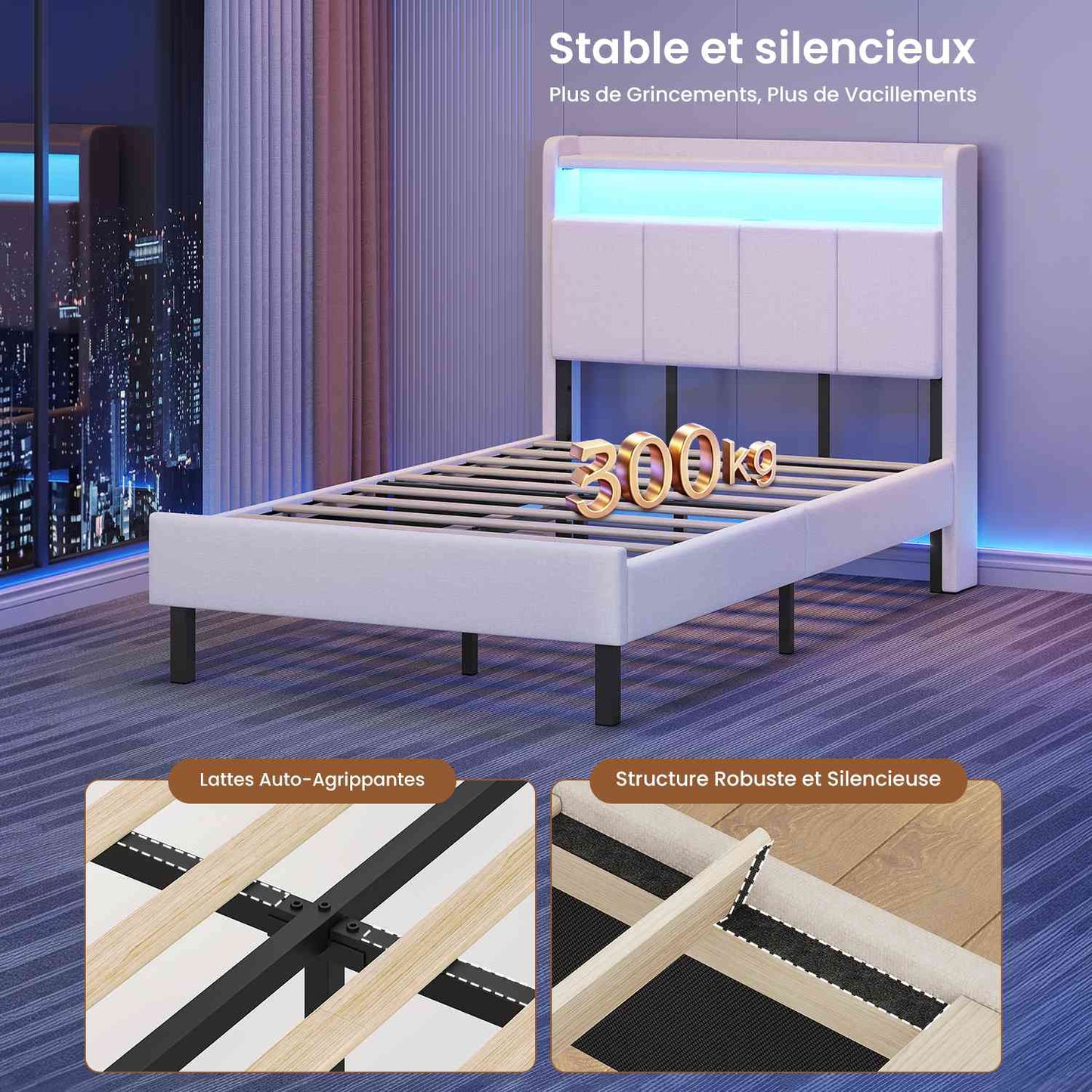 AOGLLATI Cadre de Lit avec Double Etagères Lin Beige 90x200cm