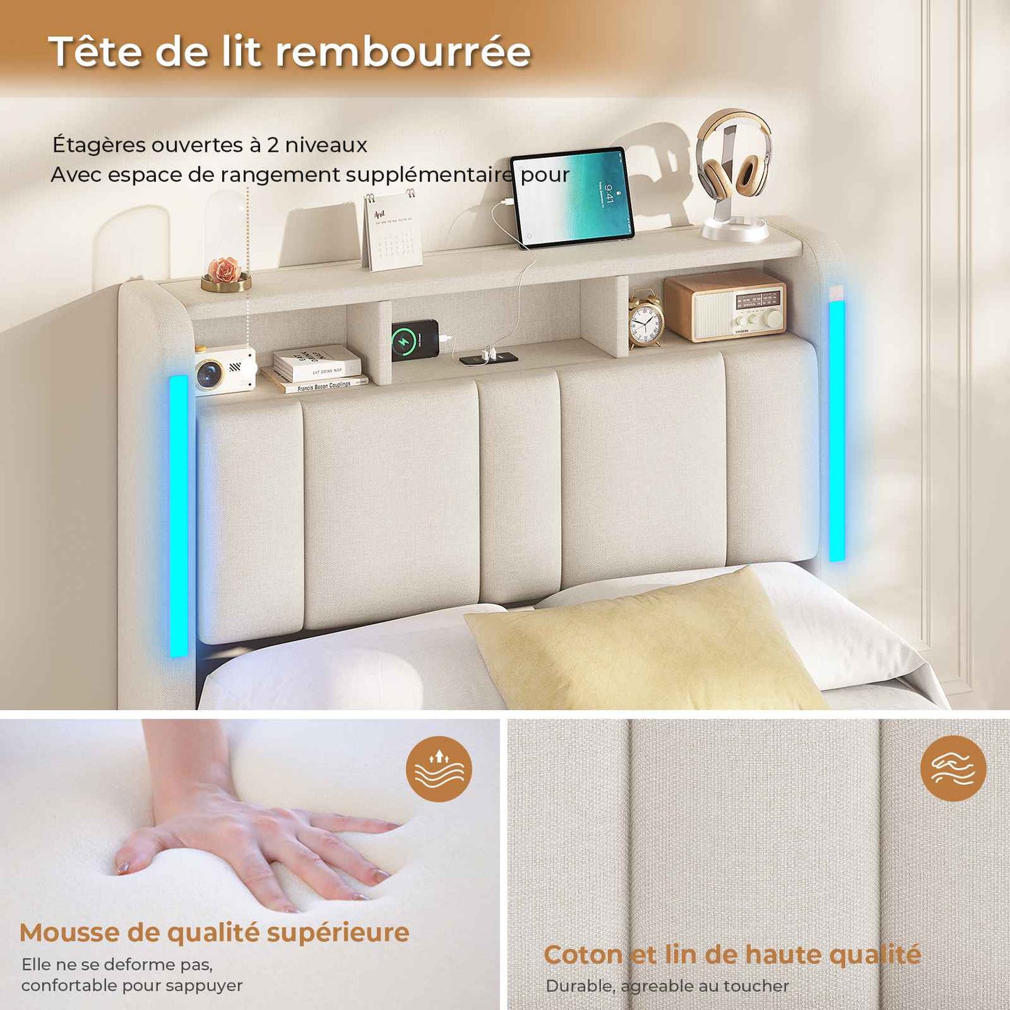 AOGLLATI Lit Coffre 90x200 CM  Lit  avec LED et Ports USB Cadre de lit avec Tête de Lit capitonné et Rangement