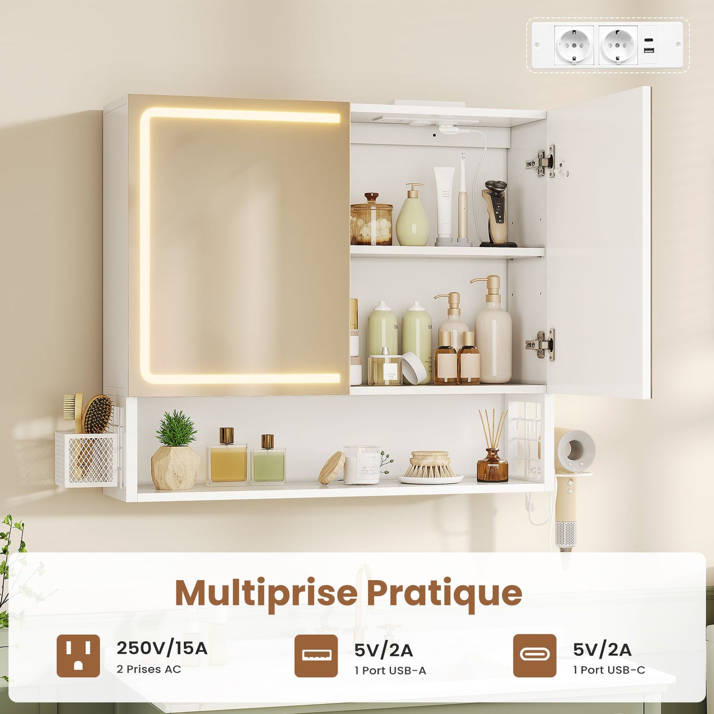 AOGLLATI Meuble vasque de salle de bain avec éclairage LED miroir HD étagères réglables 50 x 16 x 60 cm blanc  Classe énergétique F