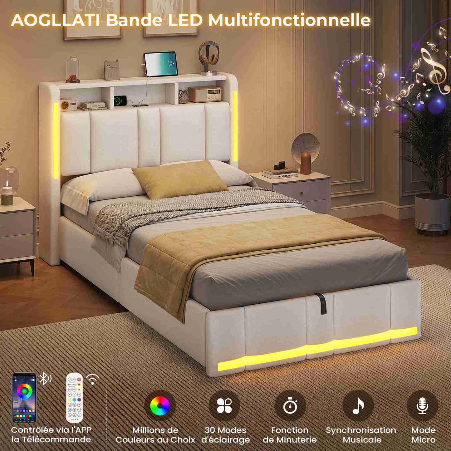AOGLLATI Lit Coffre 90x200 CM  Lit  avec LED et Ports USB Cadre de lit avec Tête de Lit capitonné et Rangement