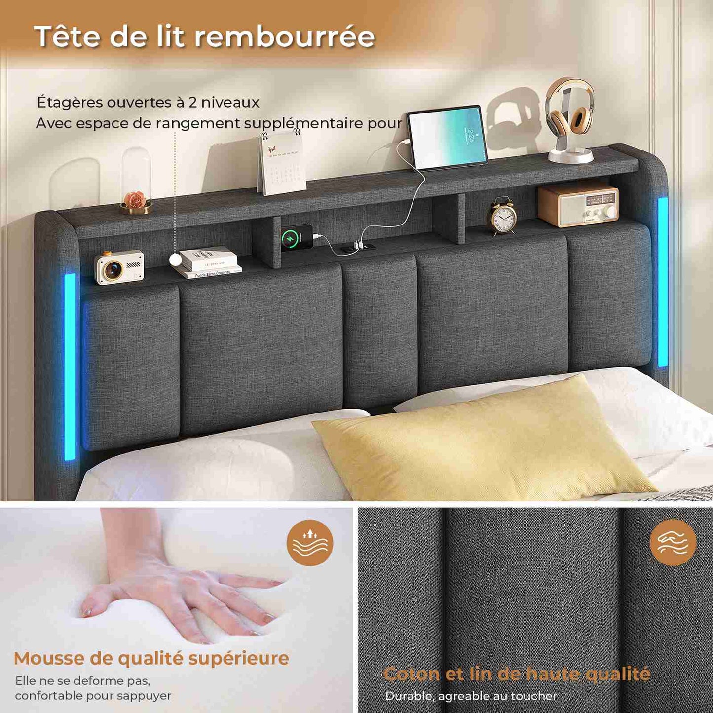 AOGLLATI Lit Coffre 160x200 CM  Lit Double avec LED et Ports USB Cadre de lit avec Tête de Lit capitonné et Rangement