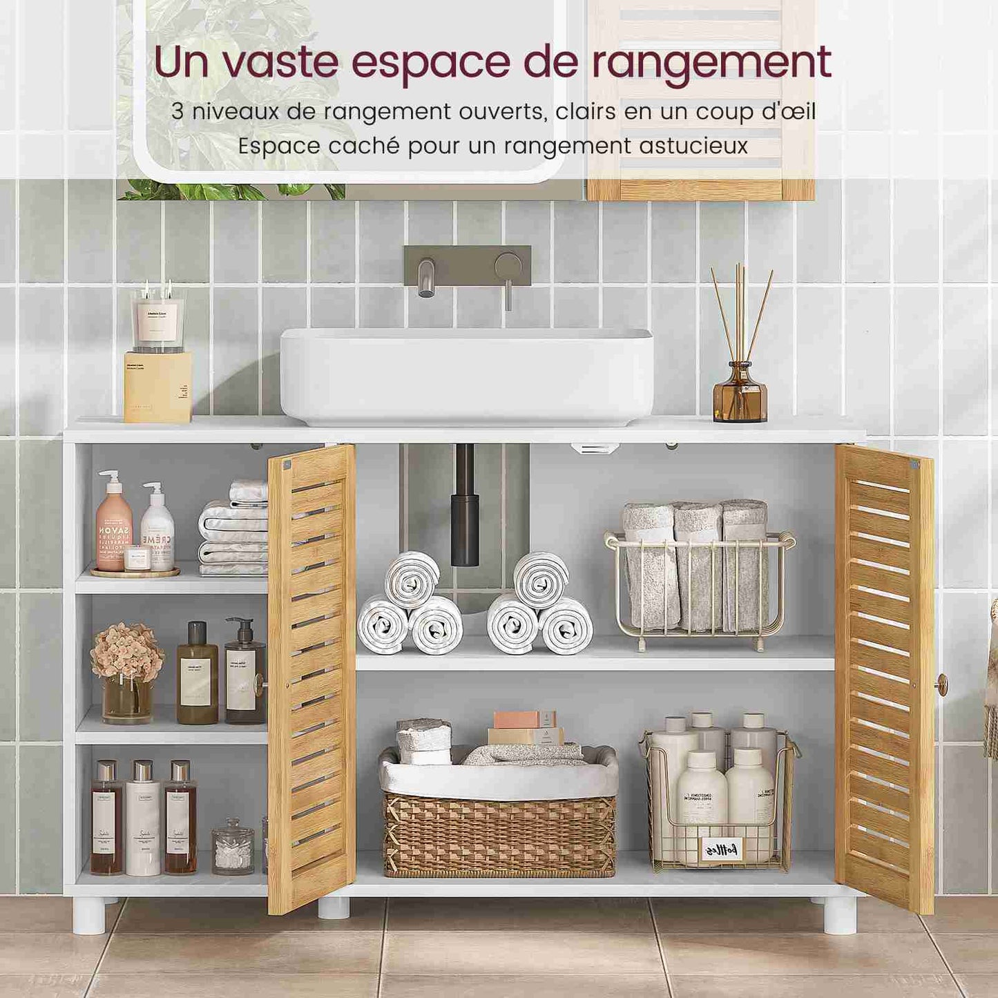 AOGLLATI Meuble sous-évier meuble vasque avec portes d'armoire en bambou étagères ouvertes et étagères réglables 30 x 90 x 60 cm