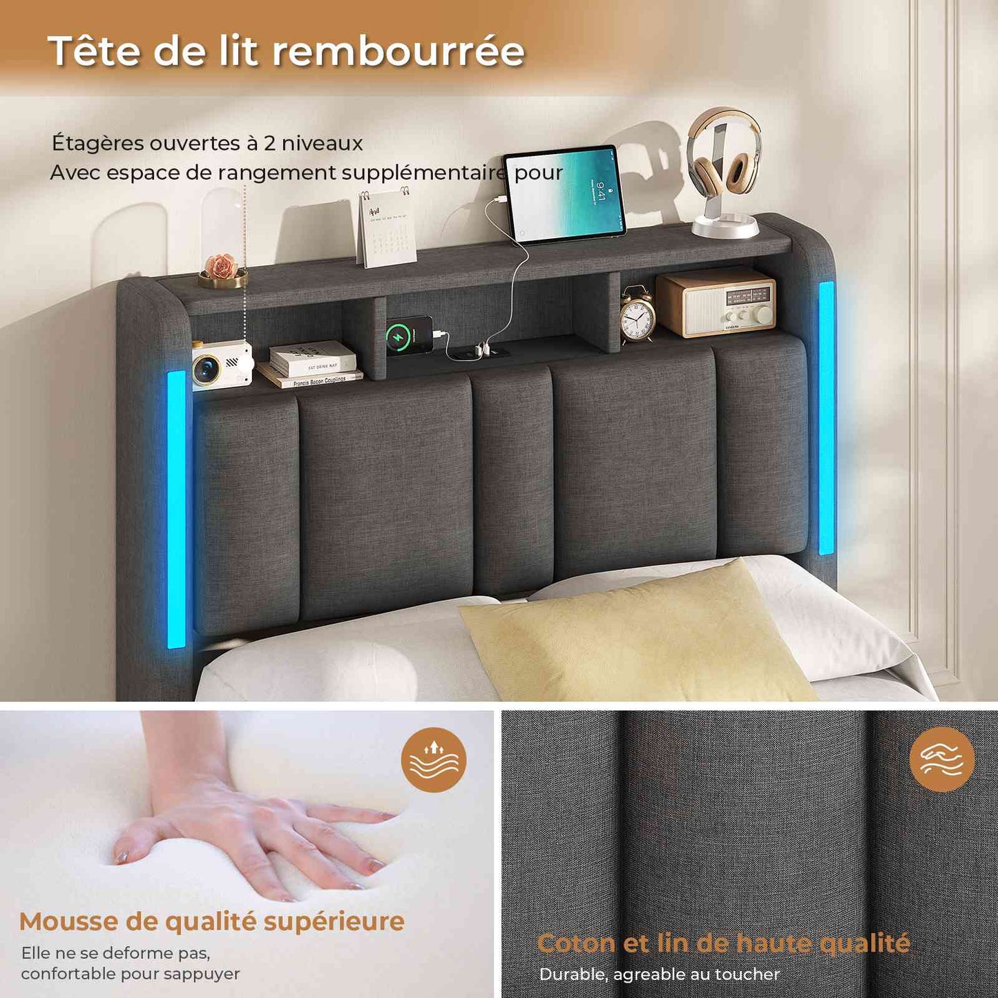 AOGLLATI Lit Coffre 90x200 CM  Lit  avec LED et Ports USB Cadre de lit avec Tête de Lit capitonné et Rangement