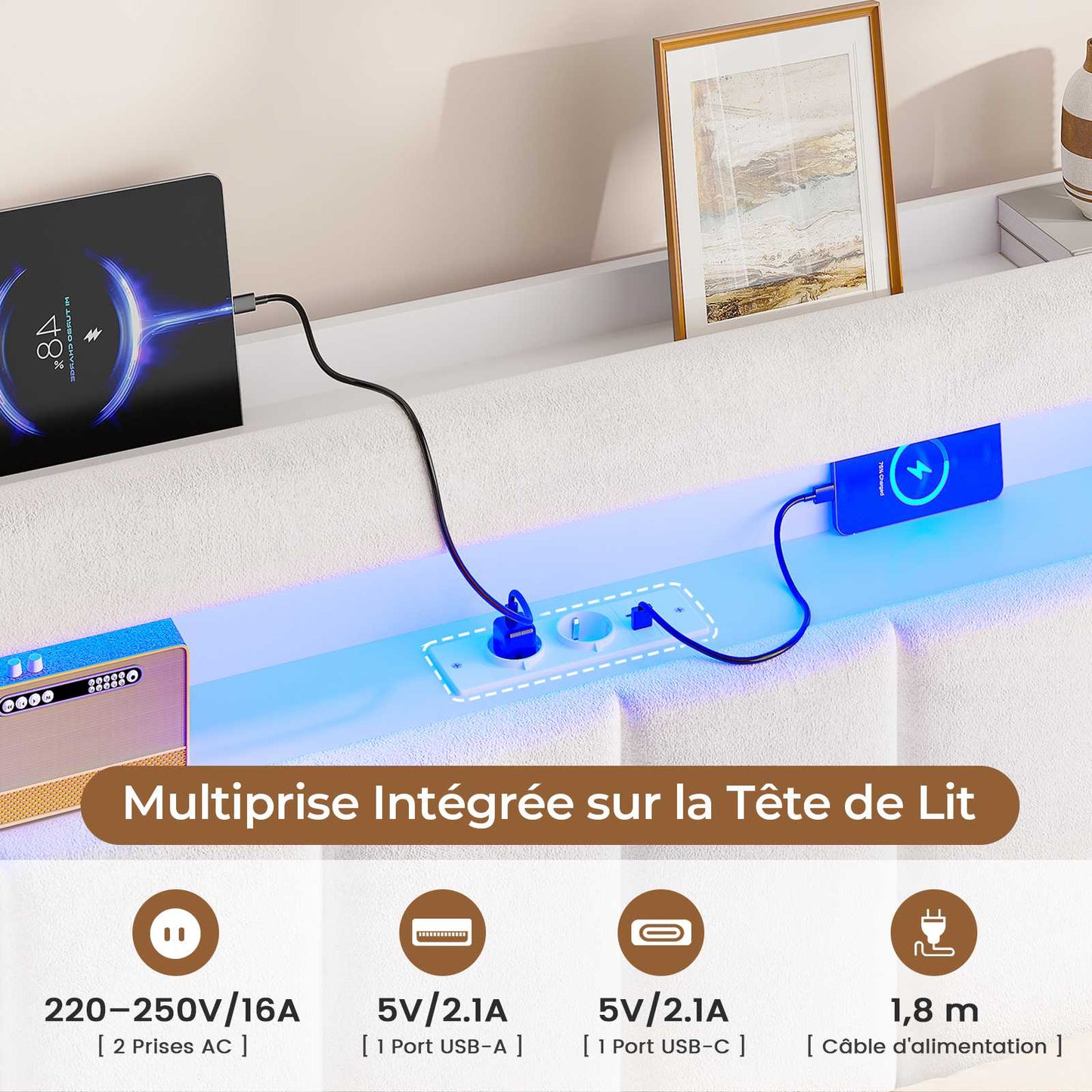 AOGLLATI Lit Coffre 140x190 avec Rangement Hydraulique  Lit 140x190 avec Sommier  Éclairage LED et Multiprise Intégrée