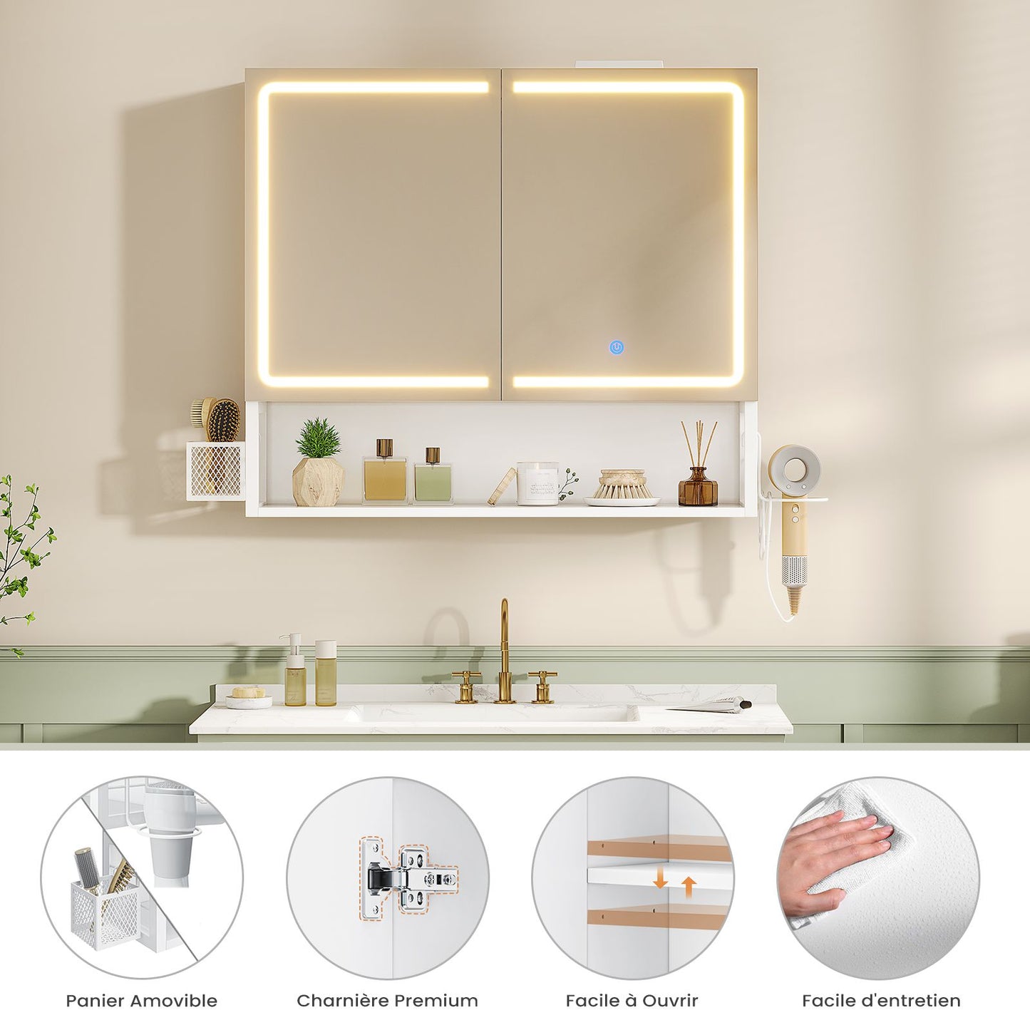 AOGLLATI Meuble vasque de salle de bain avec éclairage LED miroir HD étagères réglables 50 x 16 x 60 cm blanc  Classe énergétique F