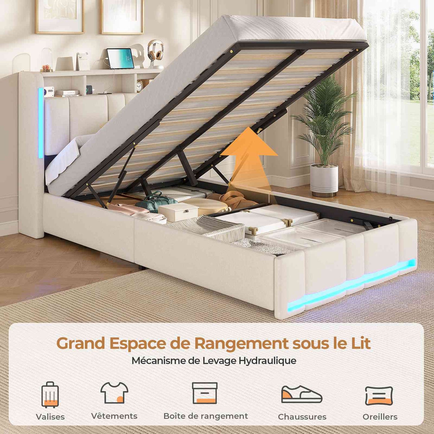 AOGLLATI Lit Coffre 90x200 CM  Lit  avec LED et Ports USB Cadre de lit avec Tête de Lit capitonné et Rangement