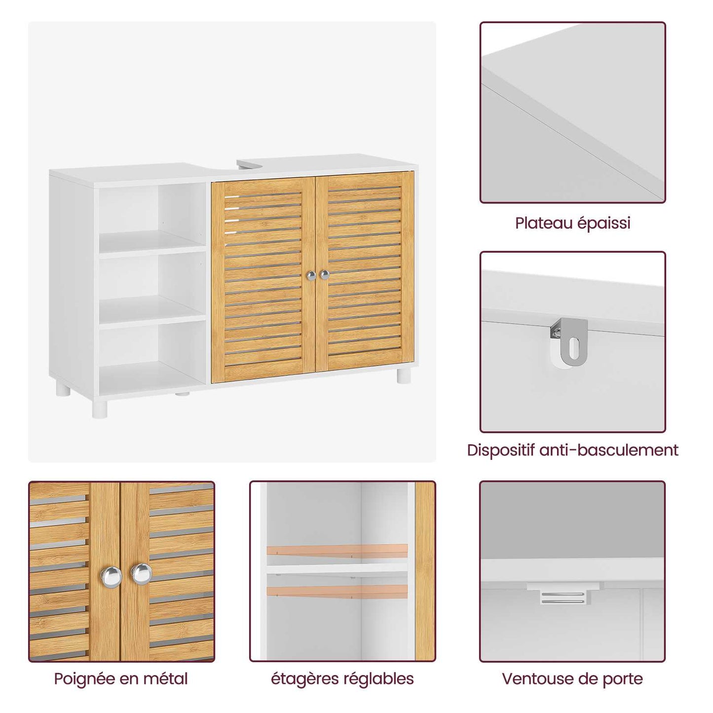 AOGLLATI Meuble sous-évier meuble vasque avec portes d'armoire en bambou étagères ouvertes et étagères réglables 30 x 90 x 60 cm