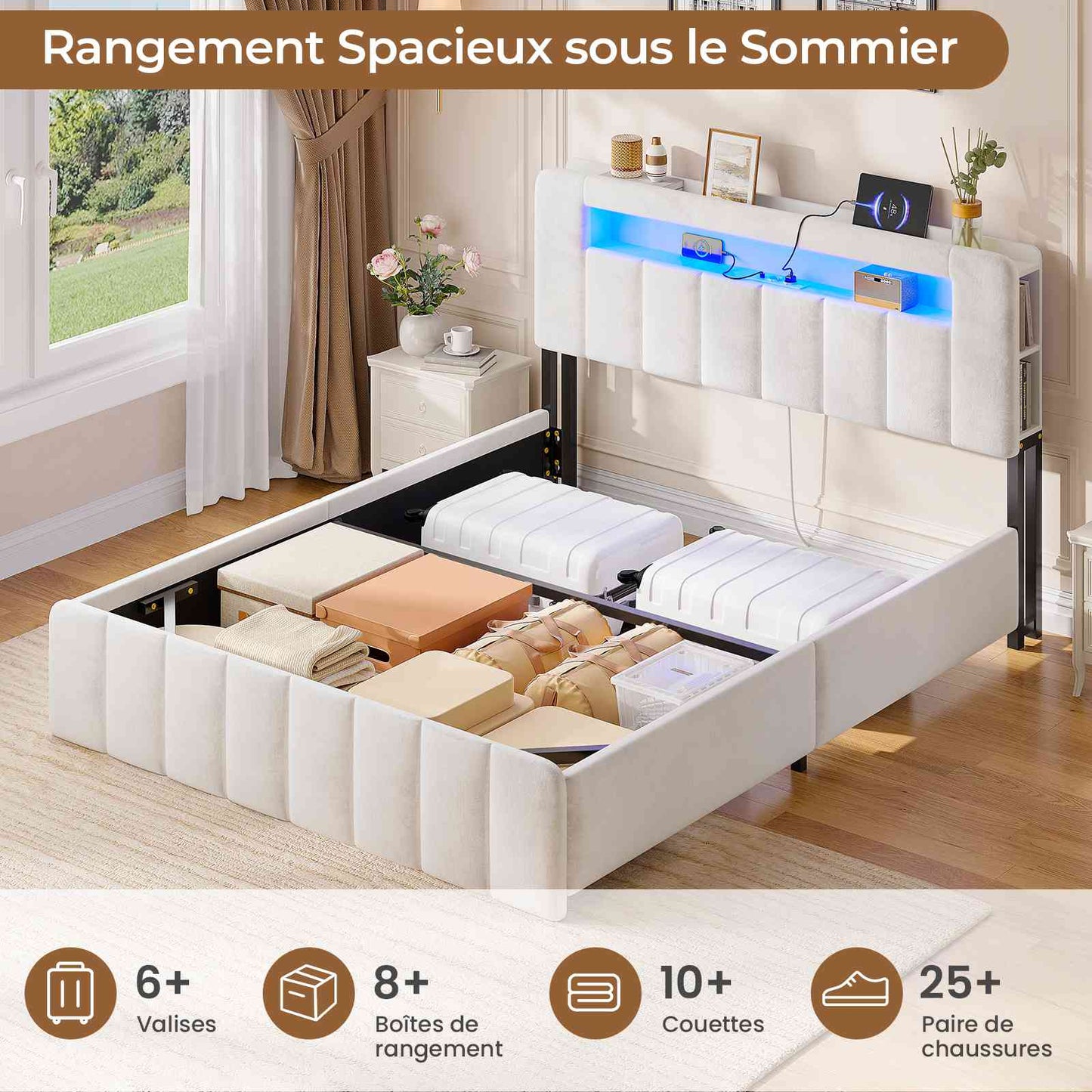 AOGLLATI Lit Coffre 140x190 avec Rangement Hydraulique  Lit 140x190 avec Sommier  Éclairage LED et Multiprise Intégrée