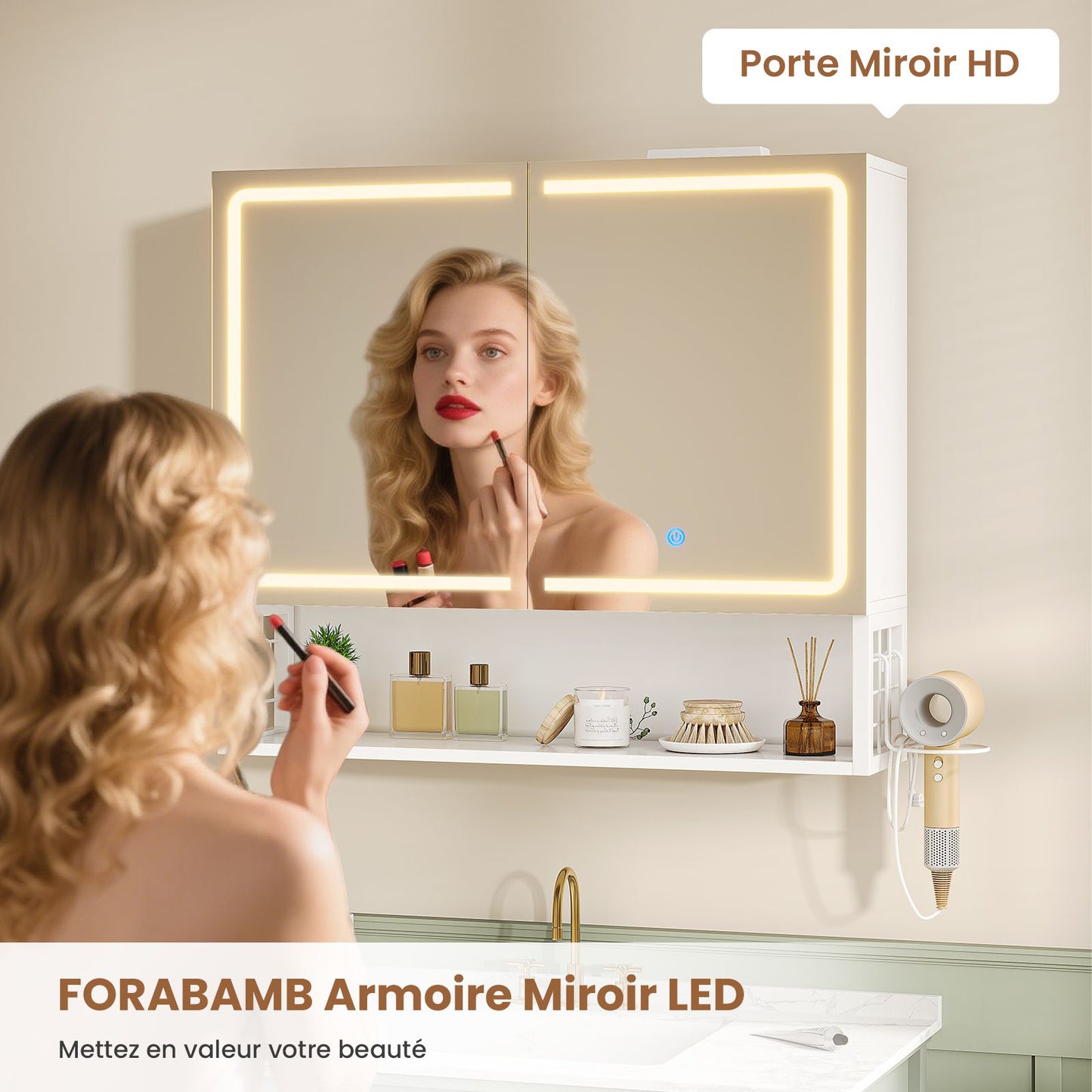AOGLLATI Meuble vasque de salle de bain avec éclairage LED miroir HD étagères réglables 50 x 16 x 60 cm blanc  Classe énergétique F