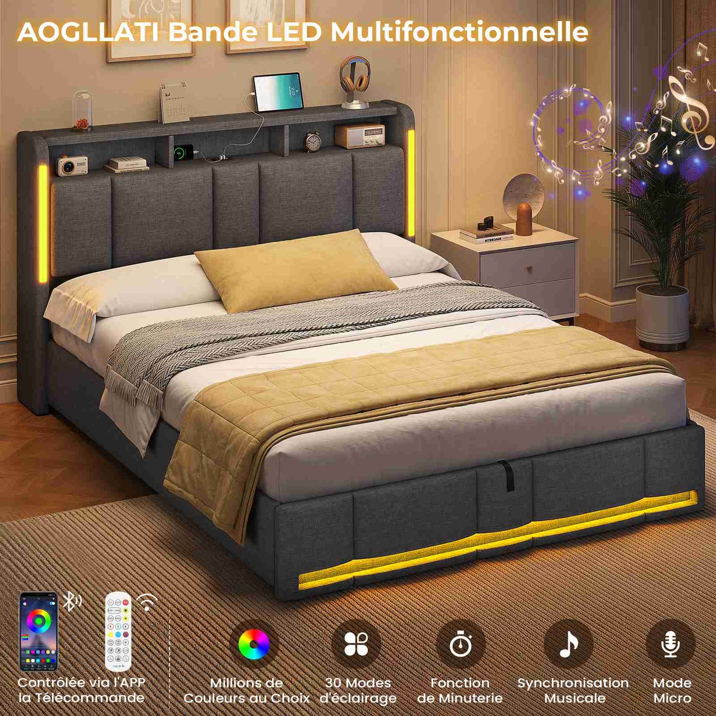 AOGLLATI Lit Coffre 160x200 CM  Lit Double avec LED et Ports USB Cadre de lit avec Tête de Lit capitonné et Rangement