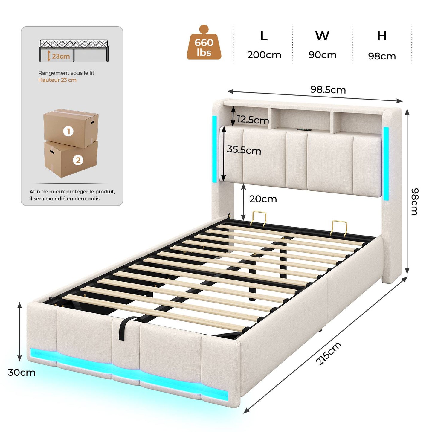 AOGLLATI Lit Coffre 90x200 CM  Lit  avec LED et Ports USB Cadre de lit avec Tête de Lit capitonné et Rangement