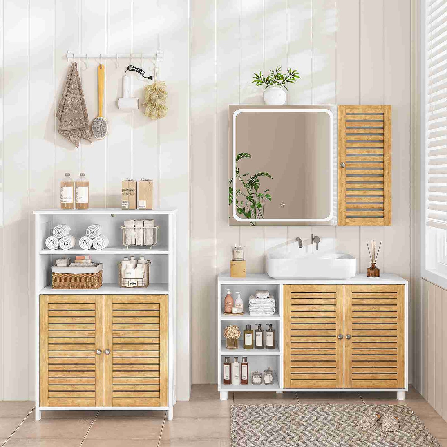 AOGLLATI Meuble sous-évier meuble vasque avec portes d'armoire en bambou étagères ouvertes et étagères réglables 30 x 90 x 60 cm