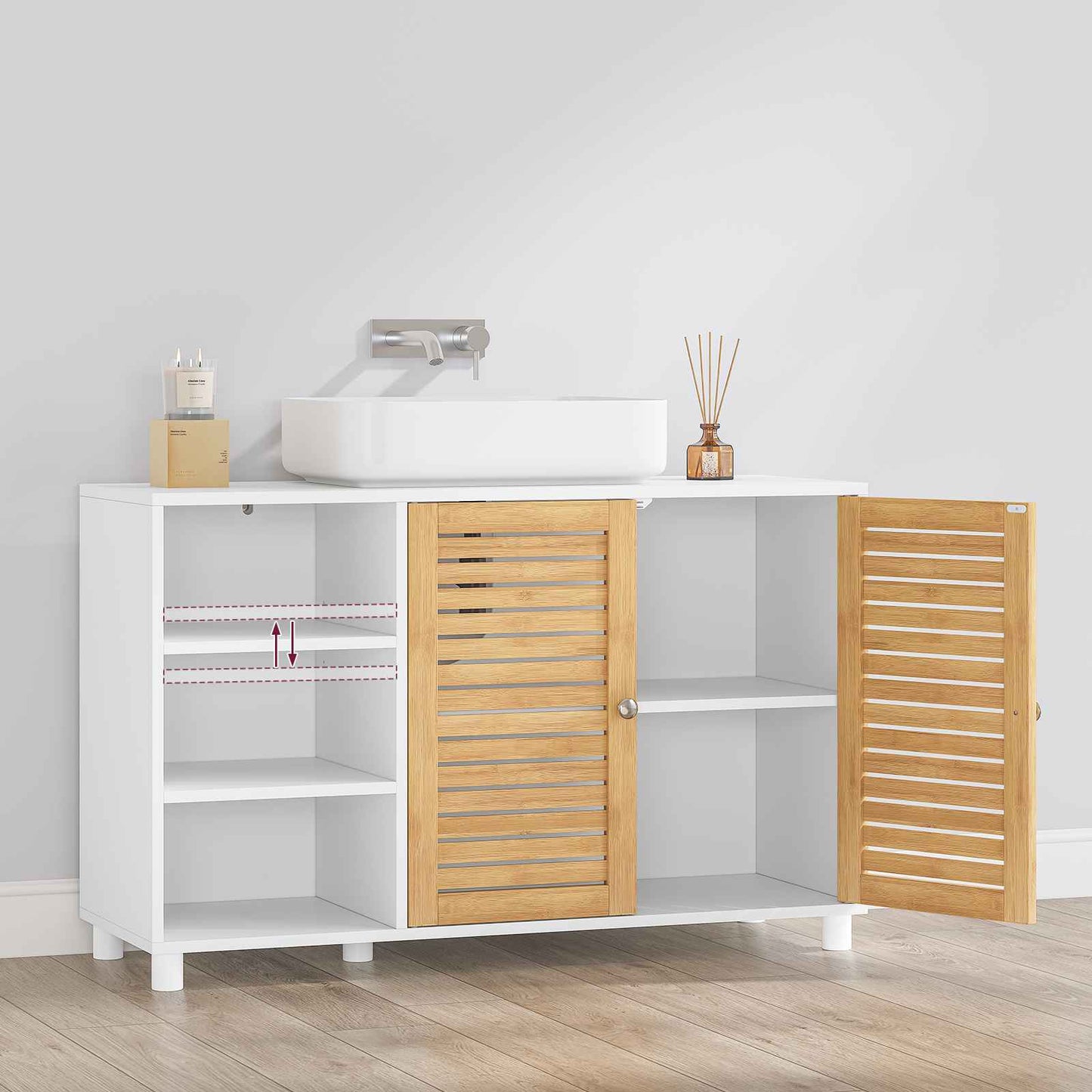 AOGLLATI Meuble sous-évier meuble vasque avec portes d'armoire en bambou étagères ouvertes et étagères réglables 30 x 90 x 60 cm