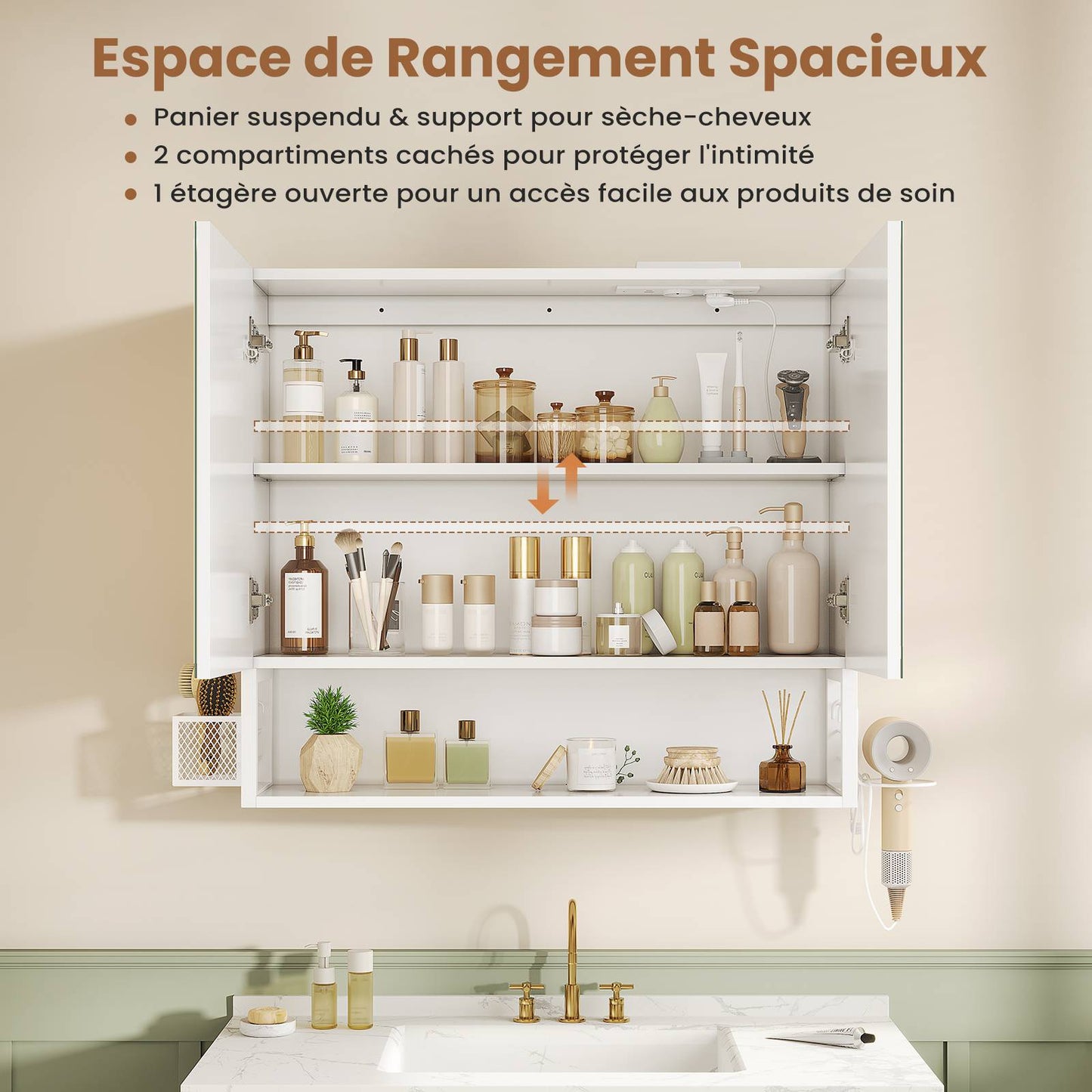 AOGLLATI Meuble vasque de salle de bain avec éclairage LED miroir HD étagères réglables 50 x 16 x 60 cm blanc  Classe énergétique F
