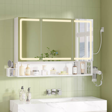 AOGLLATI Meuble-lavabo avec éclairage LED et prise électrique meuble-lavabo à trois portes avec miroir et étagères réglables armoire de rangement pour salle de bain 90 x 16 x 70 cm