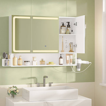 AOGLLATI Meuble-lavabo avec éclairage LED et prise électrique meuble-lavabo à trois portes avec miroir et étagères réglables armoire de rangement pour salle de bain 90 x 16 x 70 cm
