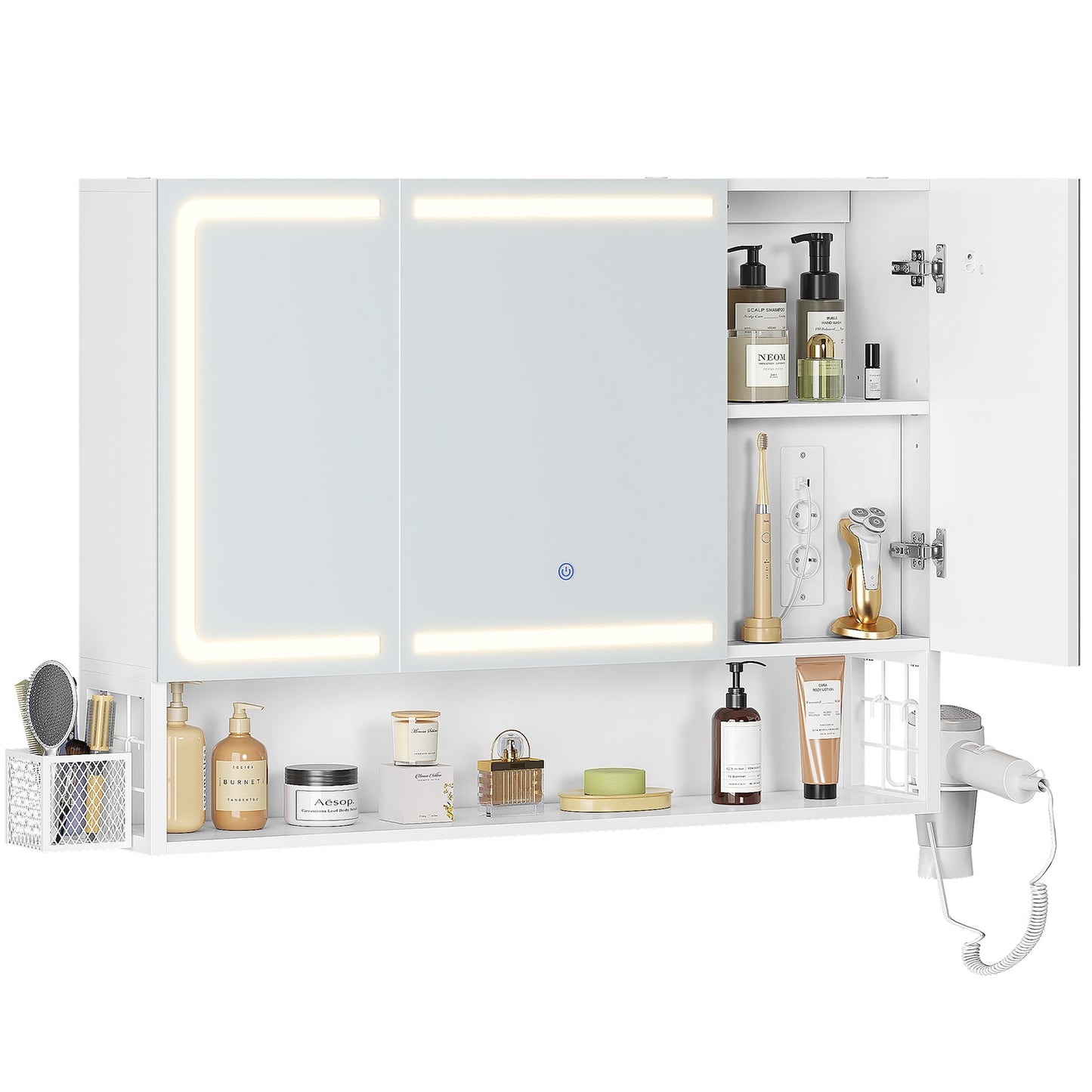 AOGLLATI Meuble-lavabo avec éclairage LED et prise électrique meuble-lavabo à trois portes avec miroir et étagères réglables armoire de rangement pour salle de bain 90 x 16 x 70 cm
