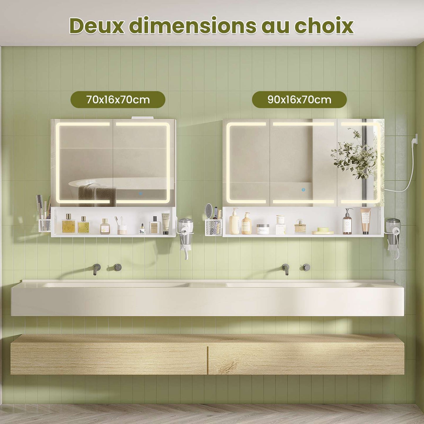 AOGLLATI Meuble-lavabo avec éclairage LED et prise électrique meuble-lavabo à trois portes avec miroir et étagères réglables armoire de rangement pour salle de bain 90 x 16 x 70 cm