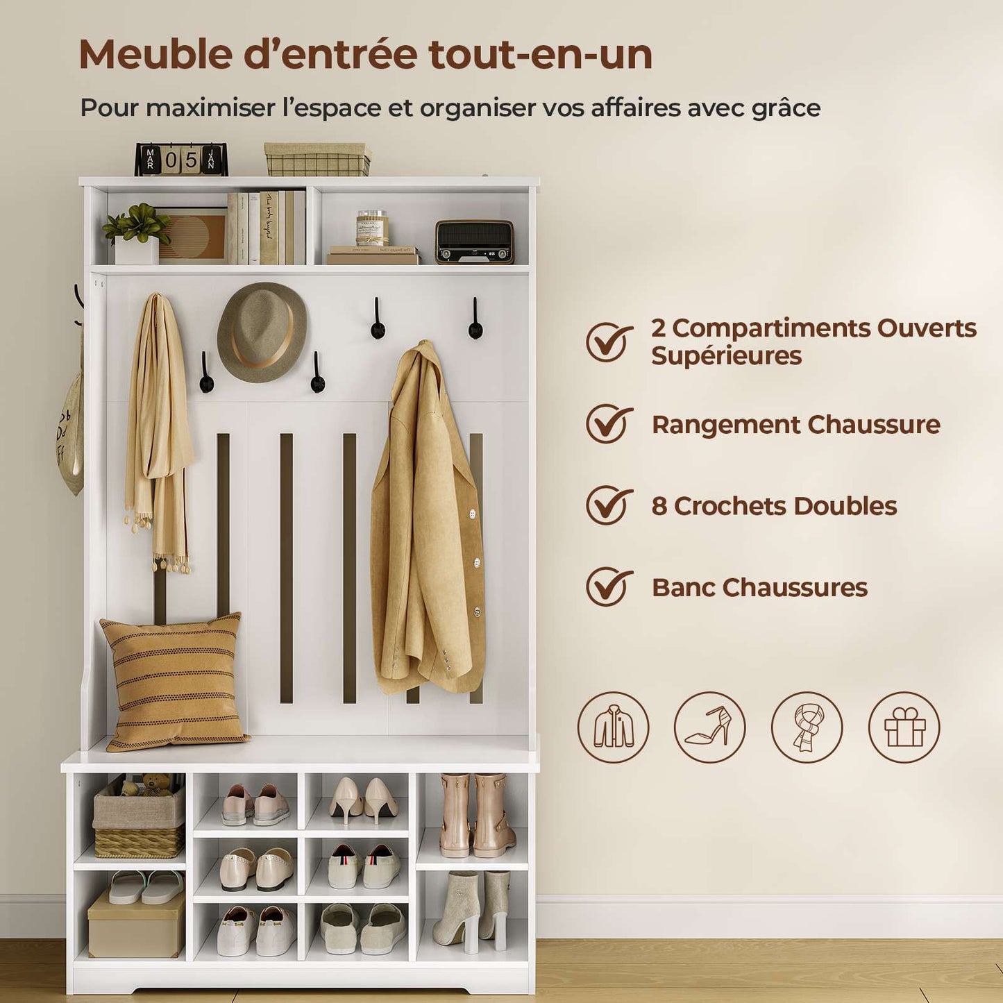 AOGLLATI Porte-manteau  avec banc à chaussures idéal pour l'entrée le couloir ou la chambre Dimensions  102 x 35 x 176 cm