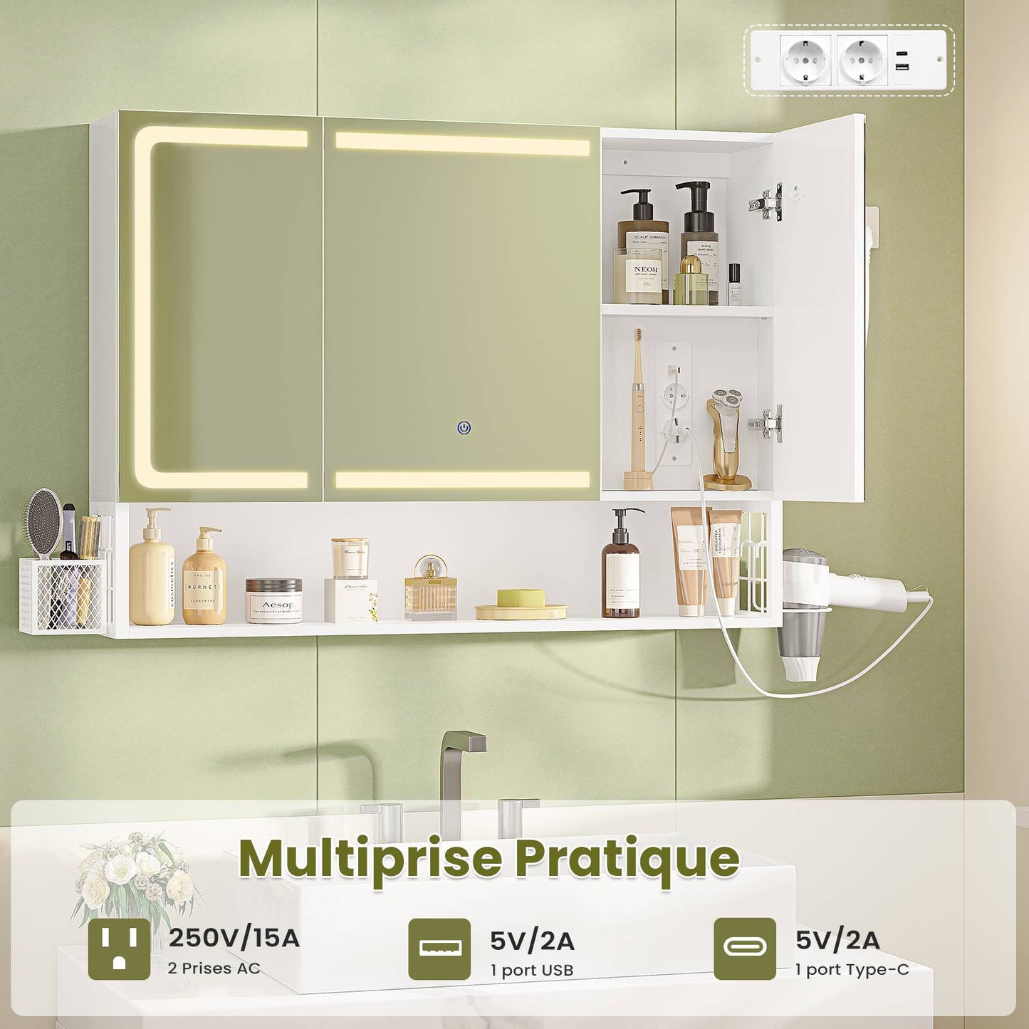 AOGLLATI Meuble-lavabo avec éclairage LED et prise électrique meuble-lavabo à trois portes avec miroir et étagères réglables armoire de rangement pour salle de bain 90 x 16 x 70 cm