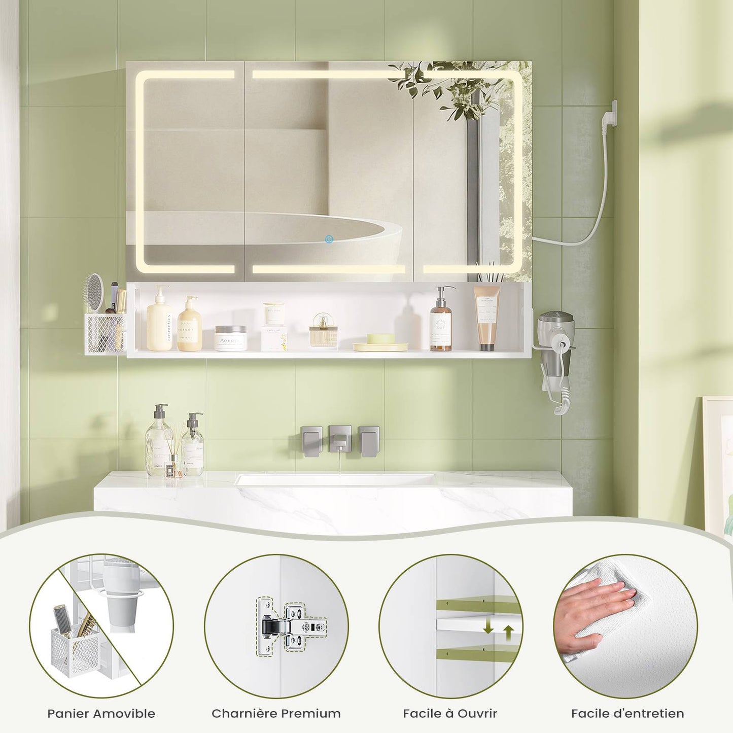 AOGLLATI Meuble-lavabo avec éclairage LED et prise électrique meuble-lavabo à trois portes avec miroir et étagères réglables armoire de rangement pour salle de bain 90 x 16 x 70 cm
