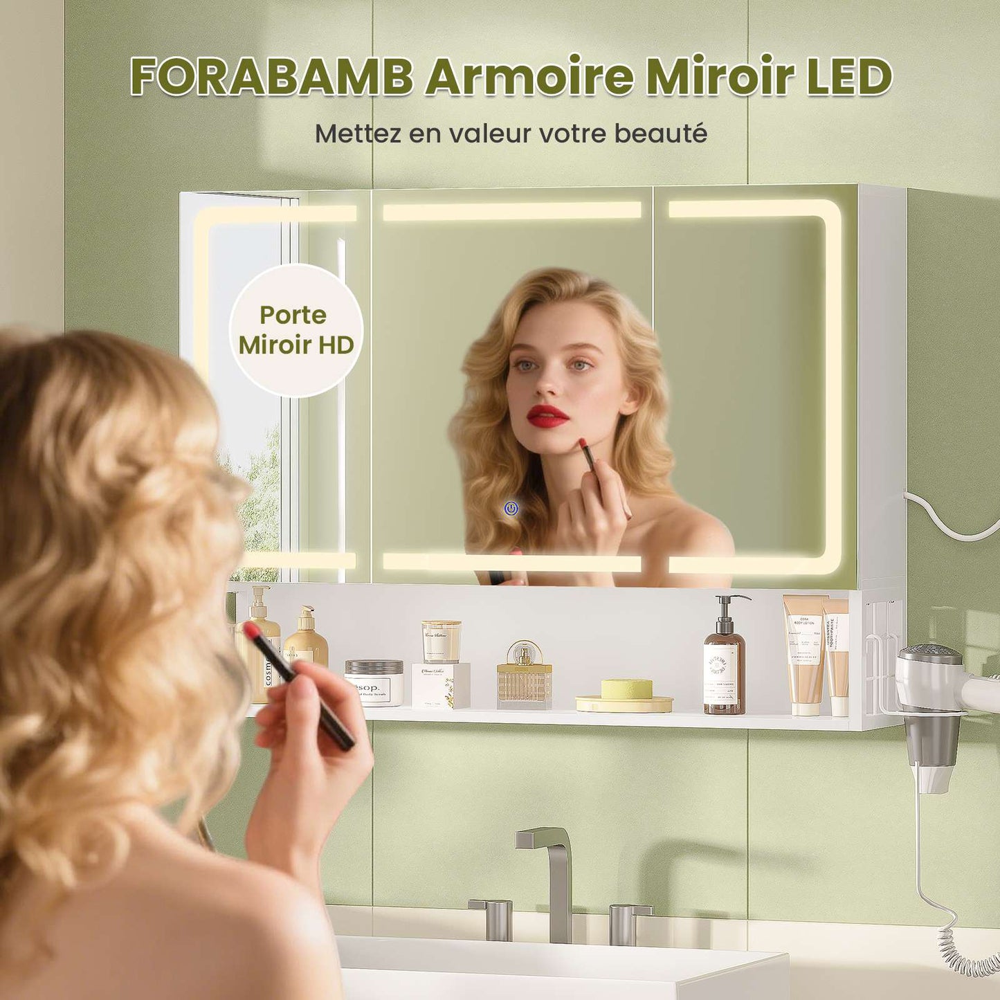 AOGLLATI Meuble-lavabo avec éclairage LED et prise électrique meuble-lavabo à trois portes avec miroir et étagères réglables armoire de rangement pour salle de bain 90 x 16 x 70 cm