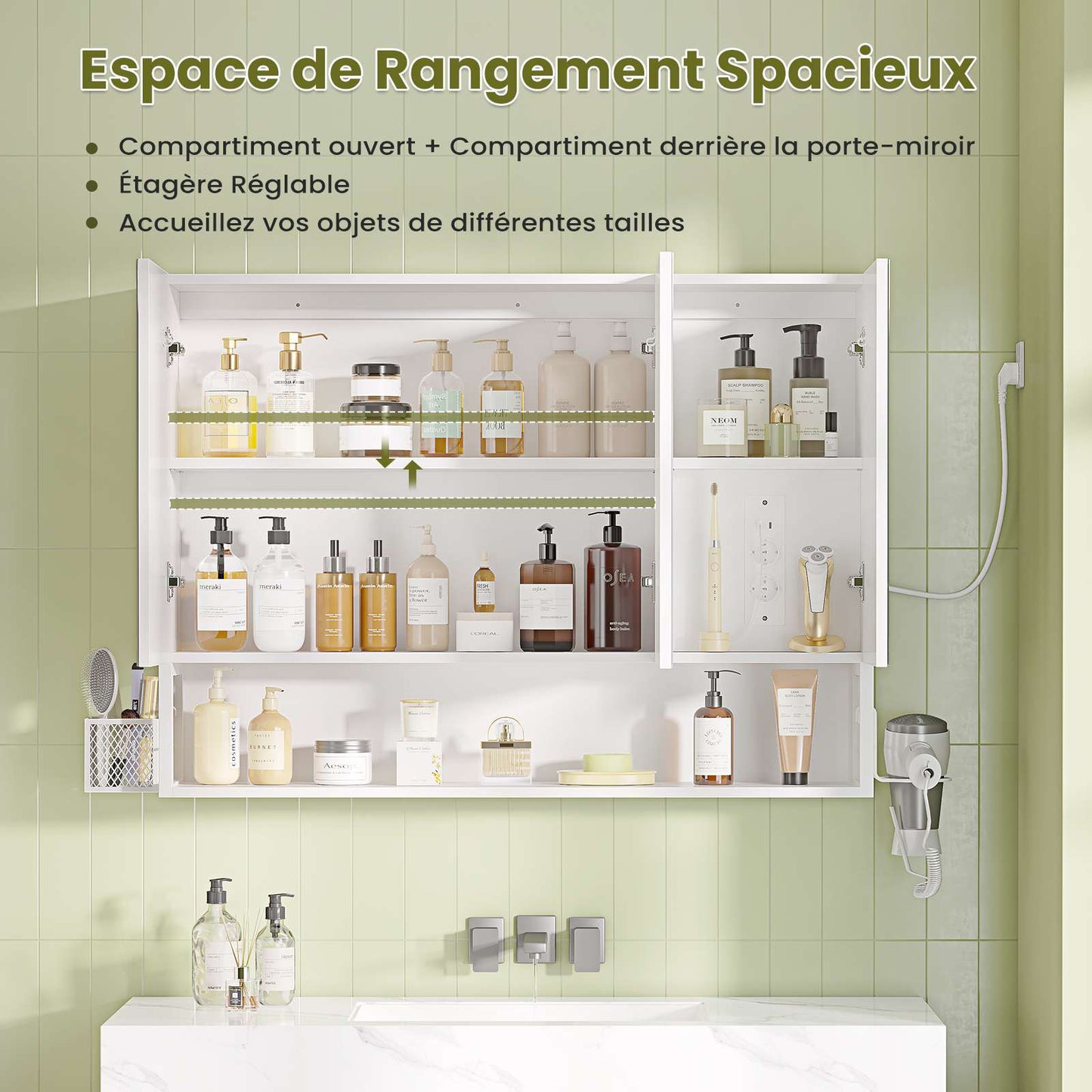 AOGLLATI Meuble-lavabo avec éclairage LED et prise électrique meuble-lavabo à trois portes avec miroir et étagères réglables armoire de rangement pour salle de bain 90 x 16 x 70 cm