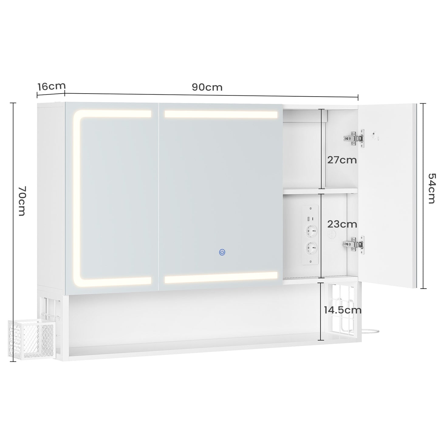 AOGLLATI Meuble-lavabo avec éclairage LED et prise électrique meuble-lavabo à trois portes avec miroir et étagères réglables armoire de rangement pour salle de bain 90 x 16 x 70 cm