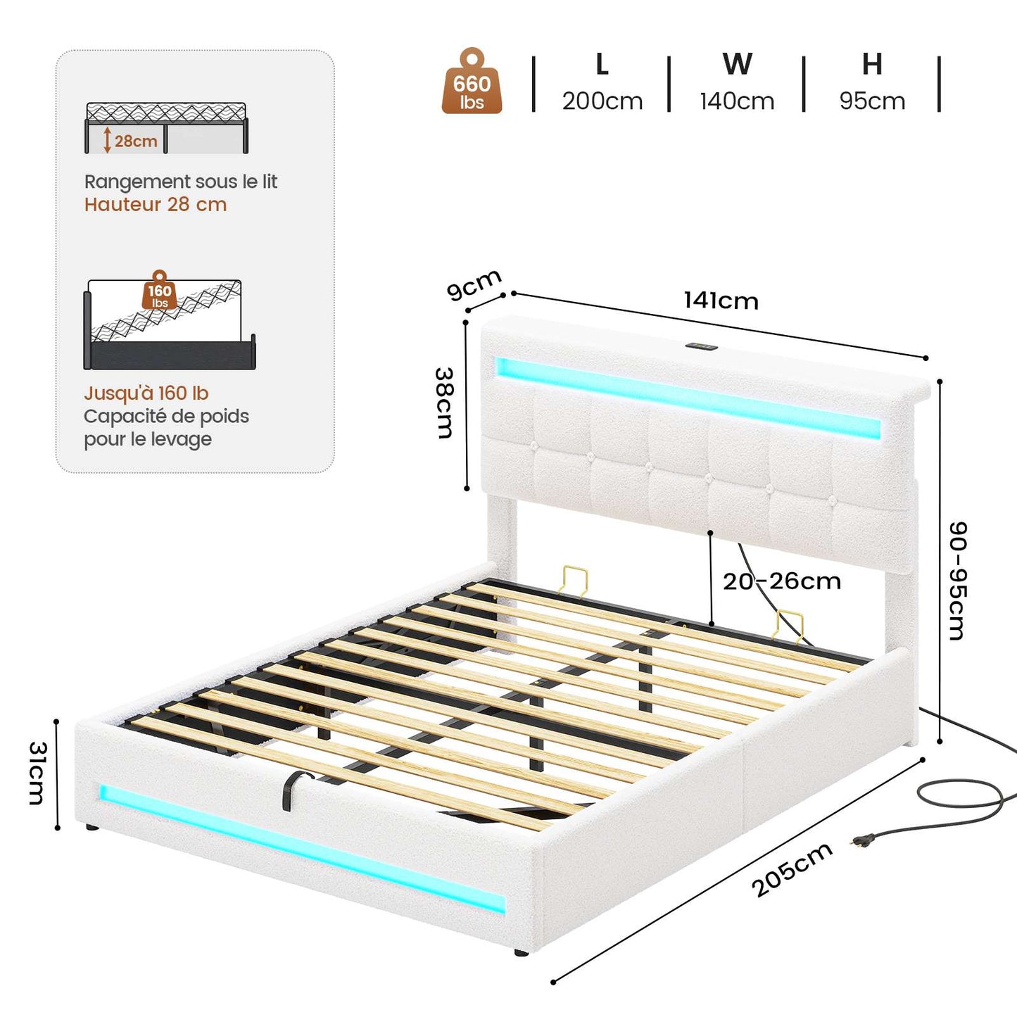 Lit coffre AOGLLATI 140x200 cm avec LED et interface USB lit double rembourré rangement hydraulique tête de lit réglable en hauteur