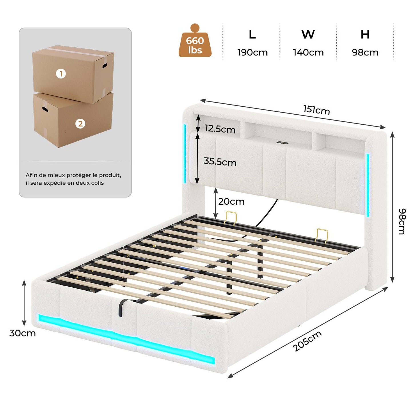 Lit coffre hydraulique AOGLLATI 140 x 190 cm lit double avec éclairage LED et interface USB beige