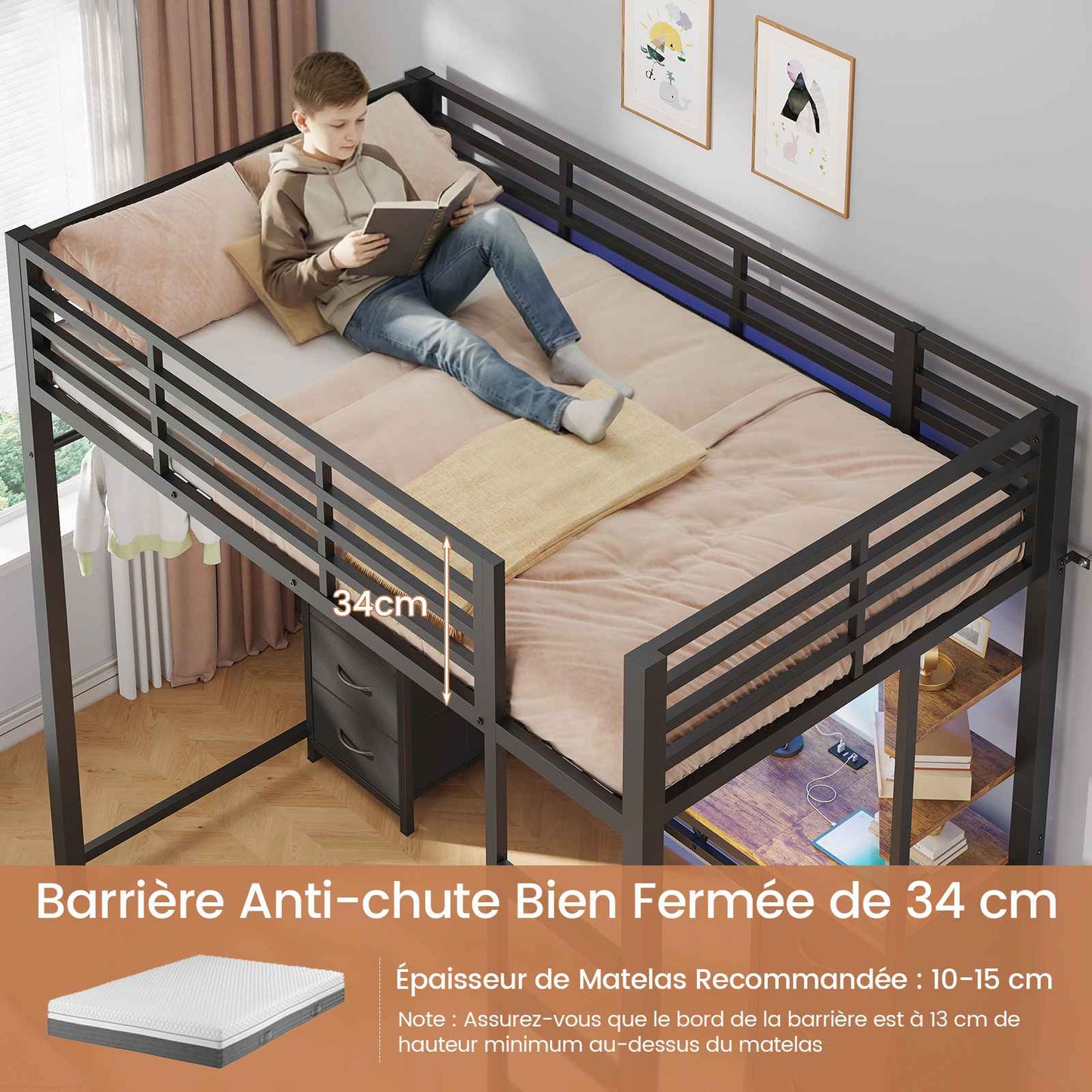 Le lit mezzanine AOGLLATI 90x200 est équipé d'un éclairage LED intelligent et d'une prise électrique Il comprend un bureau de 35x200 cm 6 tiroirs extra-larges et 4 étagères