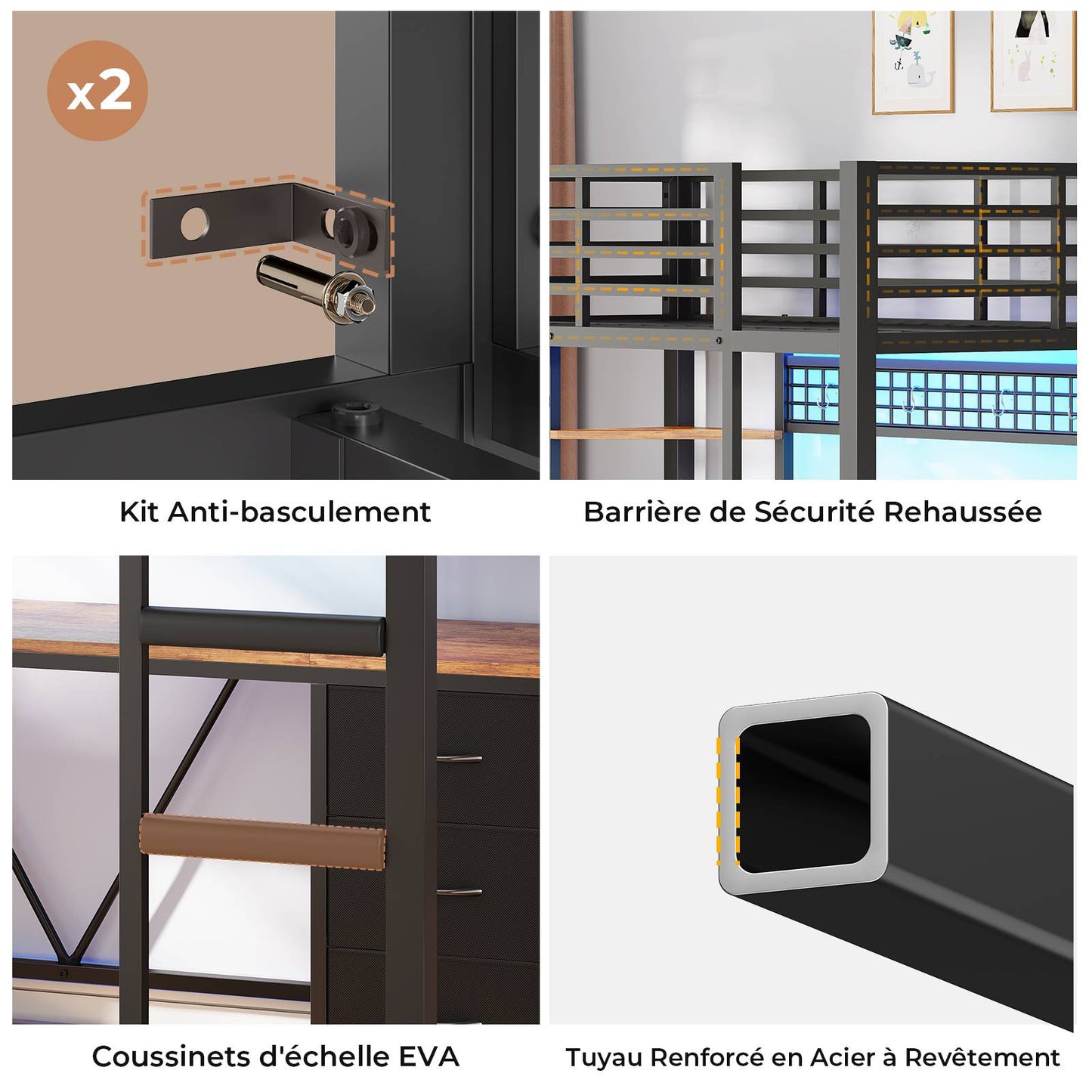 Le lit mezzanine AOGLLATI 90x200 est équipé d'un éclairage LED intelligent et d'une prise électrique Il comprend un bureau de 35x200 cm 6 tiroirs extra-larges et 4 étagères