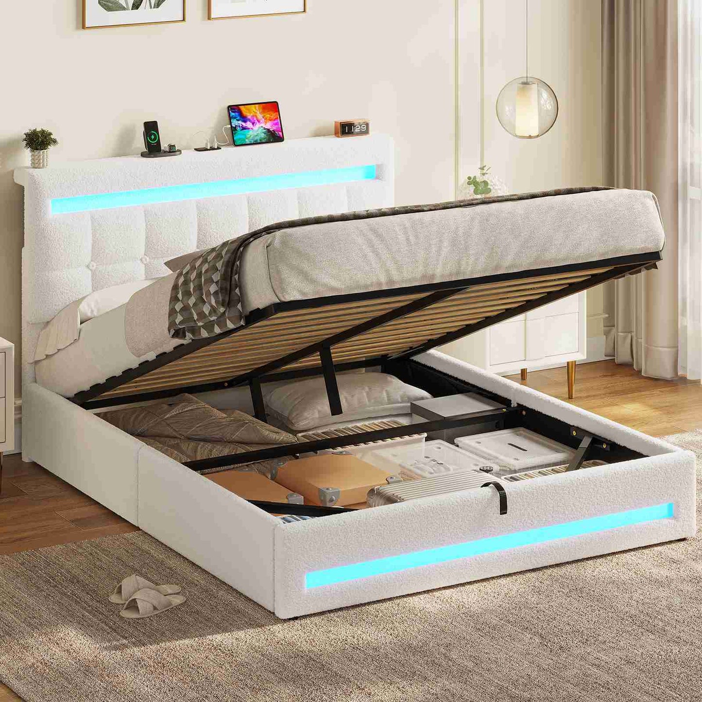 Lit coffre AOGLLATI 140x190 cm avec LED et interface USB lit double rembourré rangement hydraulique tête de lit réglable en hauteur