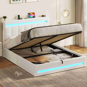 Lit coffre AOGLLATI 140x190 cm avec LED et interface USB lit double rembourré rangement hydraulique tête de lit réglable en hauteur