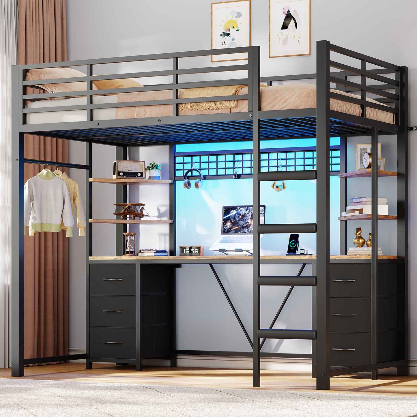 Le lit mezzanine AOGLLATI 90x200 est équipé d'un éclairage LED intelligent et d'une prise électrique Il comprend un bureau de 35x200 cm 6 tiroirs extra-larges et 4 étagères