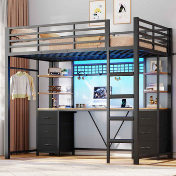 Le lit mezzanine AOGLLATI 90x200 est équipé d'un éclairage LED intelligent et d'une prise électrique Il comprend un bureau de 35x200 cm 6 tiroirs extra-larges et 4 étagères