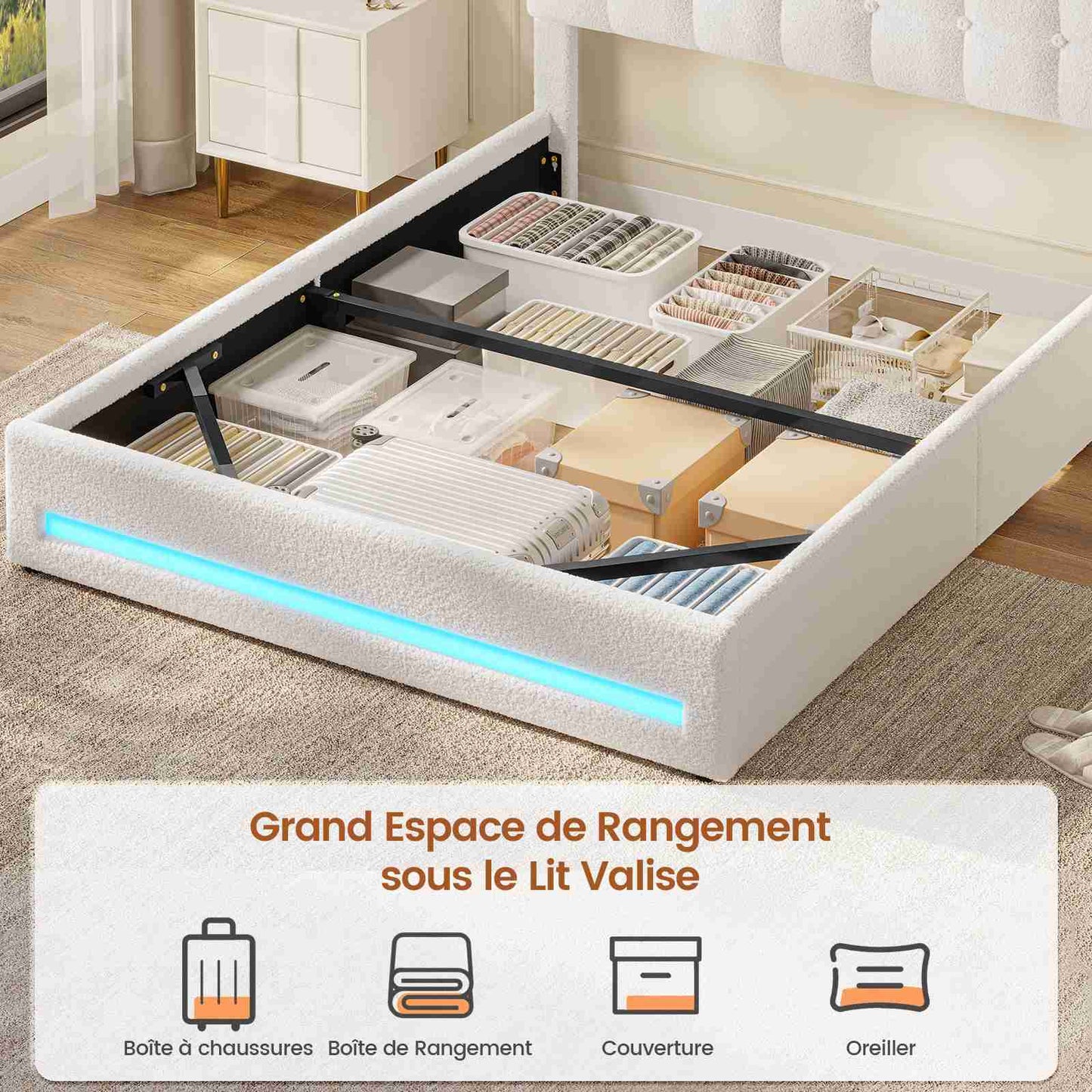 Lit coffre AOGLLATI 140x190 cm avec LED et interface USB lit double rembourré rangement hydraulique tête de lit réglable en hauteur