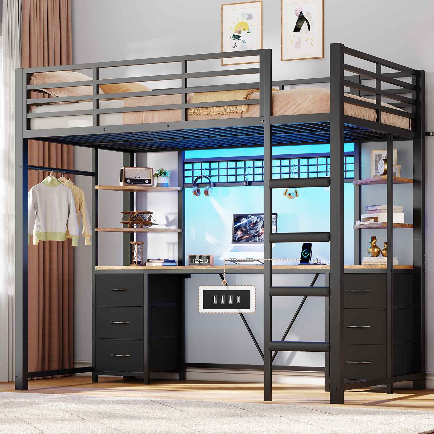 Le lit mezzanine AOGLLATI 90x200 est équipé d'un éclairage LED intelligent et d'une prise électrique Il comprend un bureau de 35x200 cm 6 tiroirs extra-larges et 4 étagères