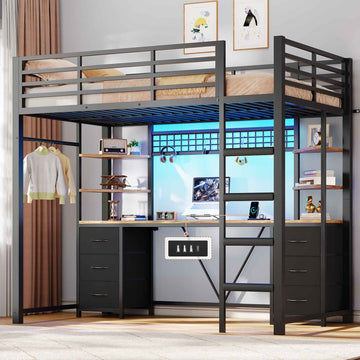 Le lit mezzanine AOGLLATI 90x200 est équipé d'un éclairage LED intelligent et d'une prise électrique Il comprend un bureau de 35x200 cm 6 tiroirs extra-larges et 4 étagères